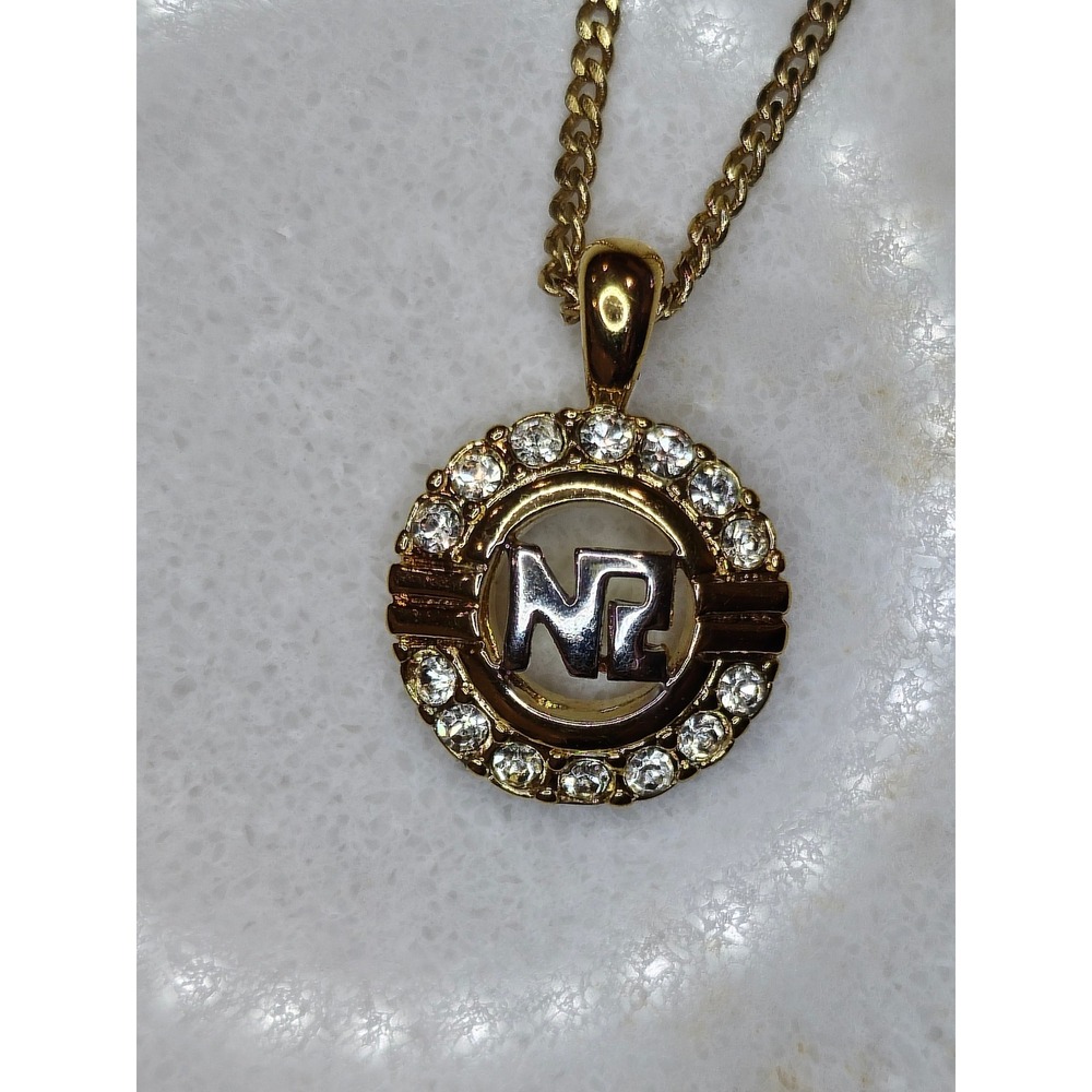 Nina Ricci Gold Pendant Necklace Rhinestone Logo‎ Designer Jewelry